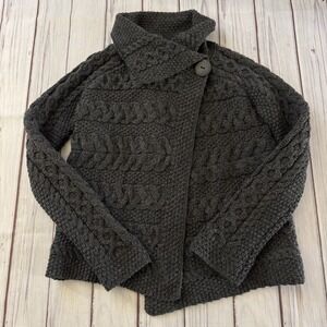 The Woolen Market‎ Merino Wool Aran Cardigan Ireland Cable Knit Asymmetrical S